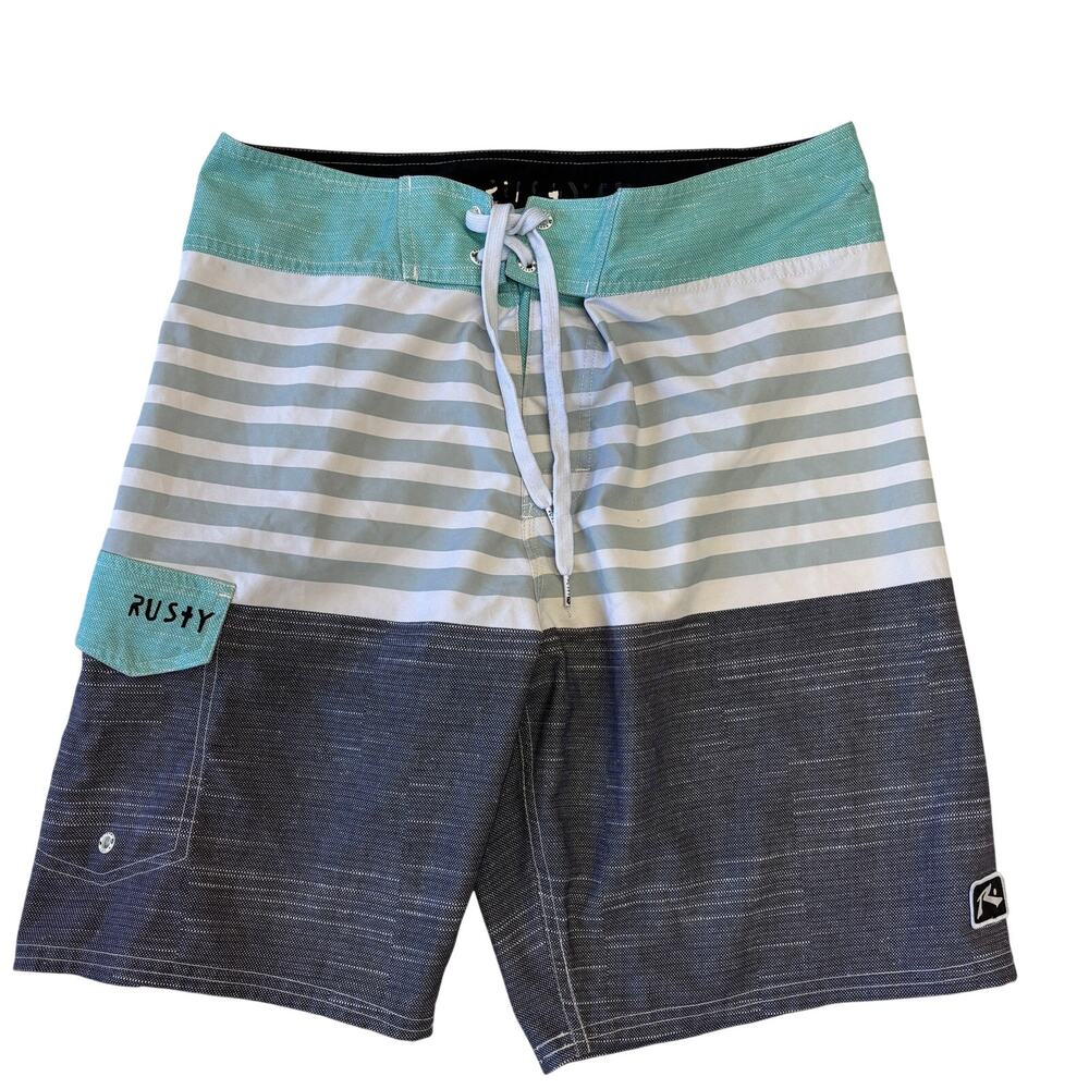 Rusty Shorts 32 Mens White Gray Striped Trunks Swim Surfing Summer Boardshort